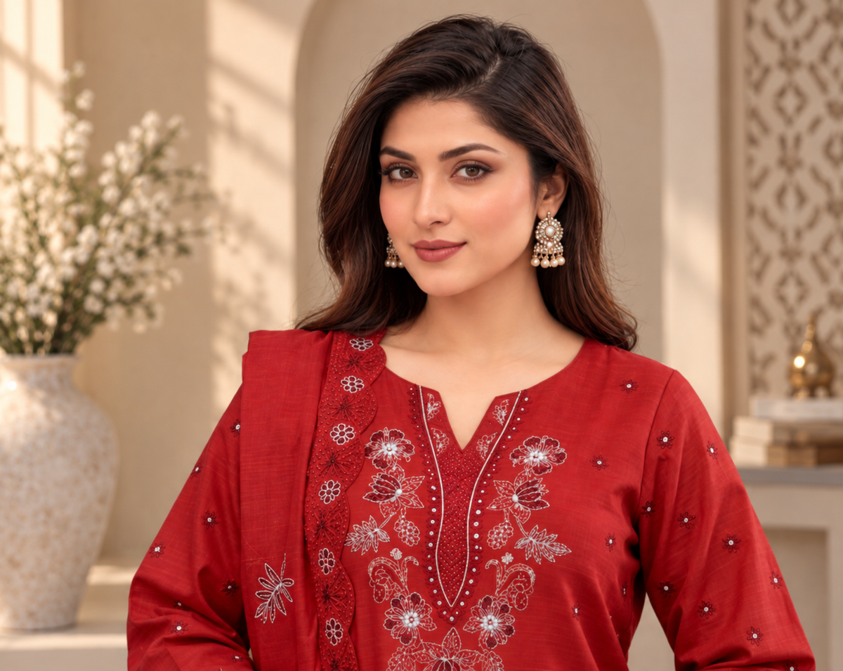 Premium Viscose Embroidered 3-Piece Suit with Bamber Dupatta & Shawl – D-1806