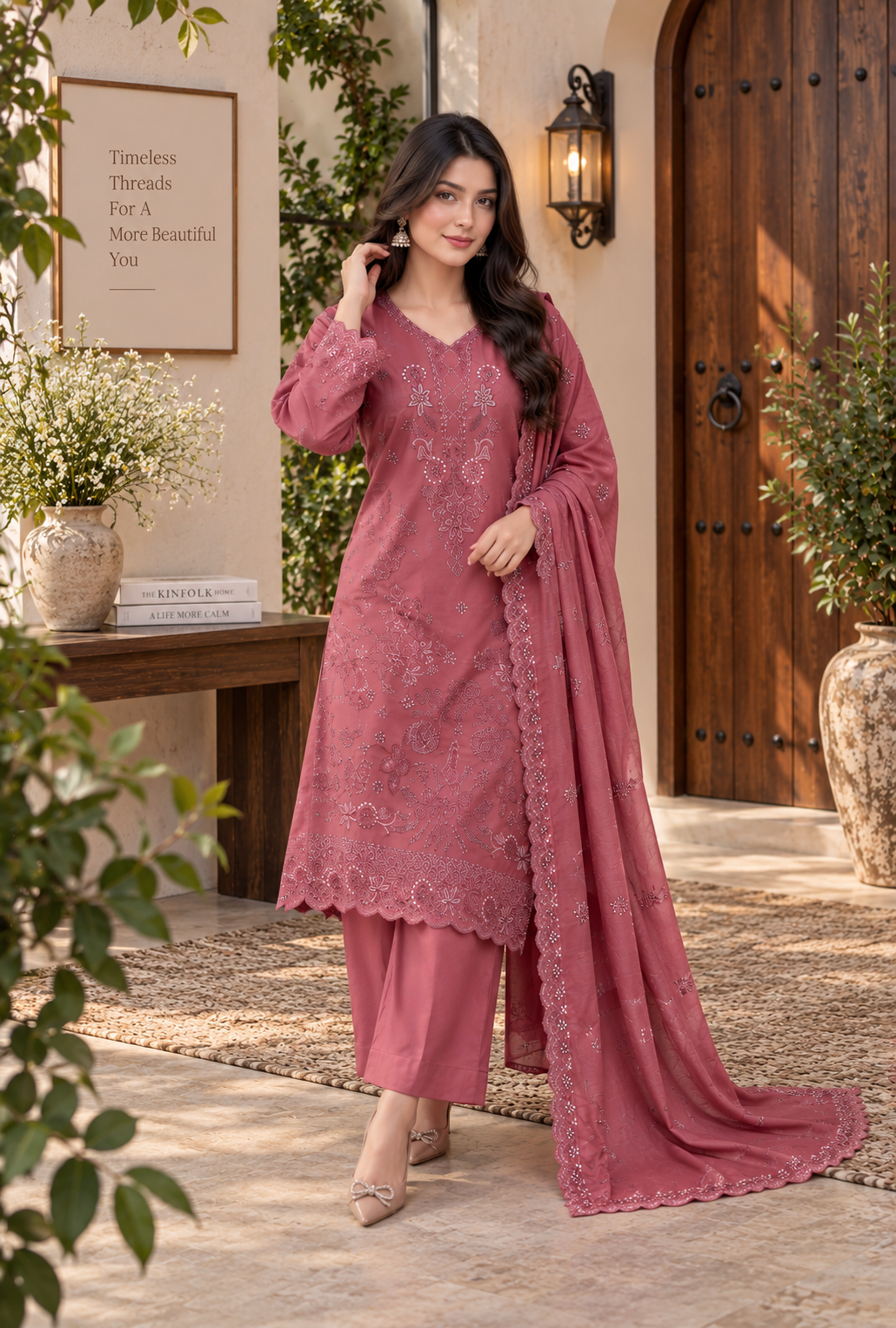 Premium Viscose Embroidered 3-Piece Suit with Bamber Dupatta & Shawl – D-1807