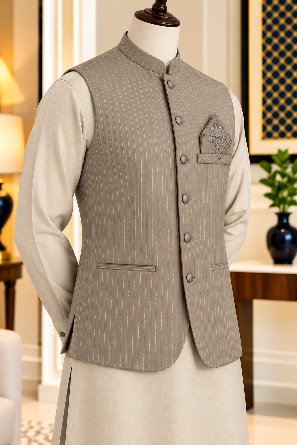 Virsa by Ruhaan Fabric taupe waistcoat suit for men