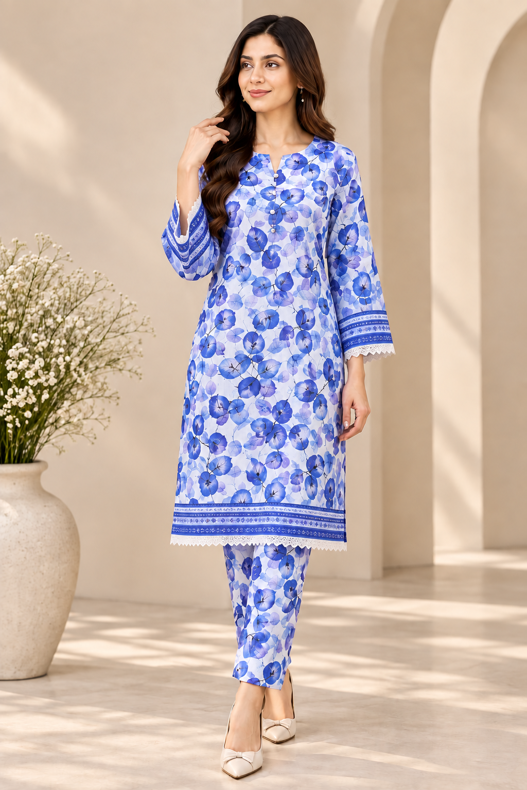 Blue Botanical | 2-Piece Linen unstitch Suit | D-1106