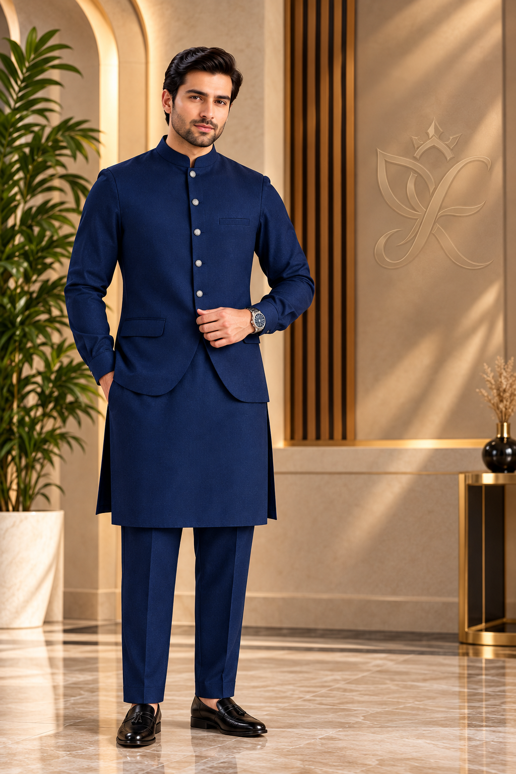 Premium Navy Blue Men's Unstitched Suit & Waistcoat Fabric | Ruhaan