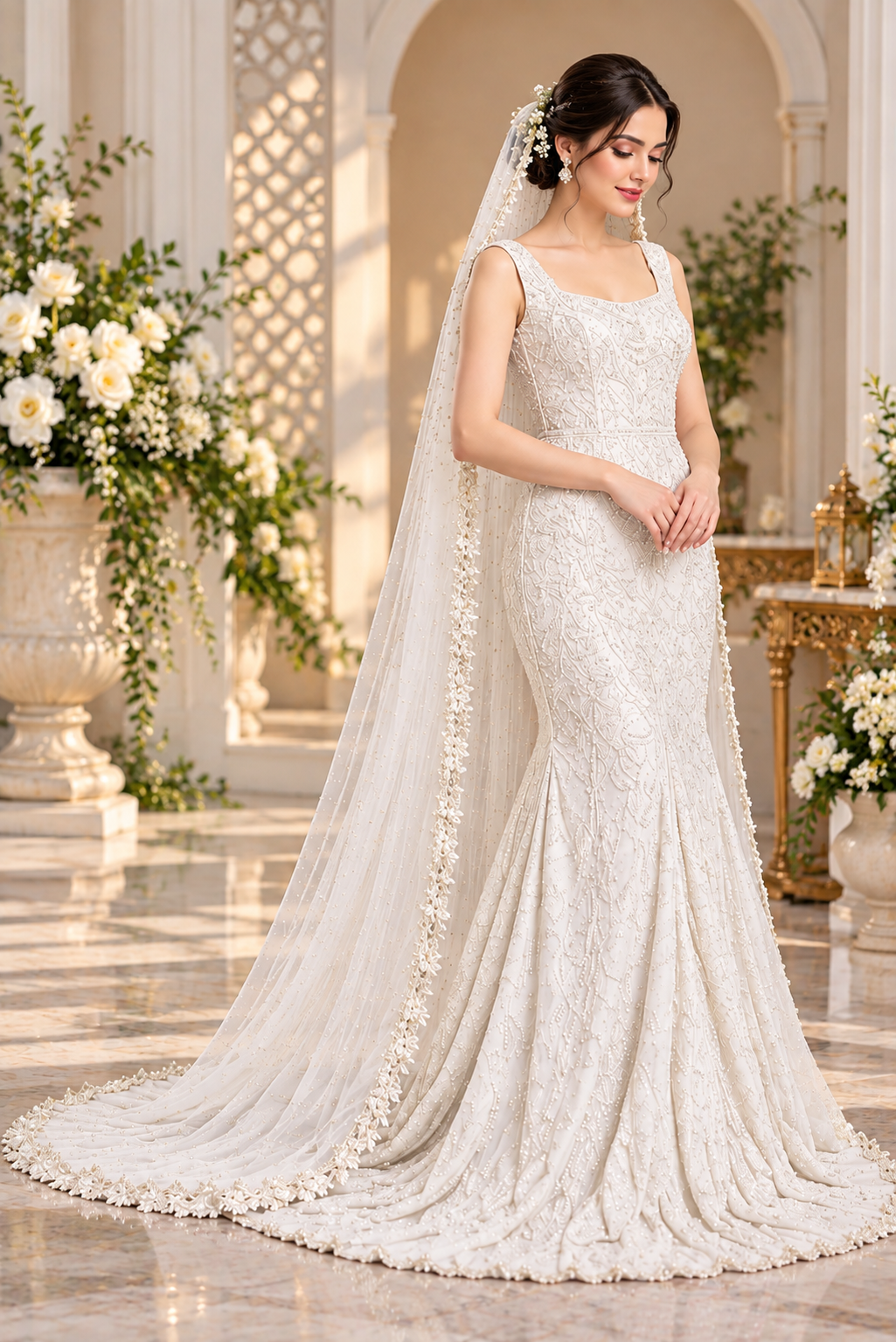 Luxury Ivory Bridal Gown with Embellished Long Veil | Premium Wedding Collection
