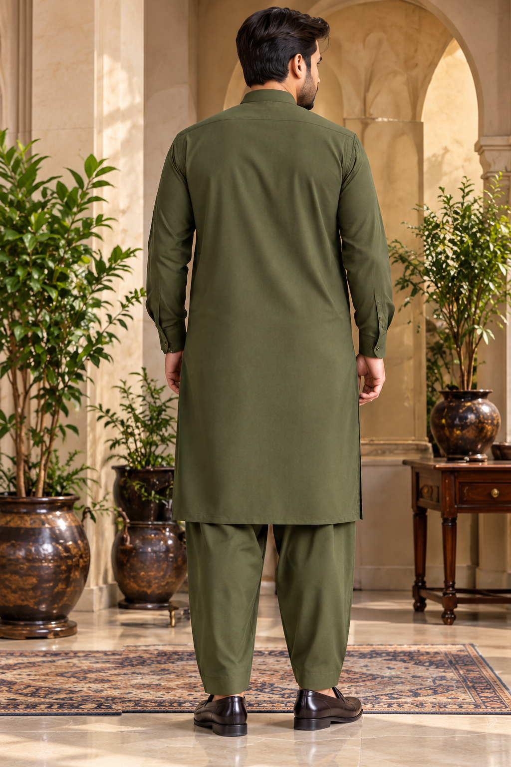 Olive green plain men's shalwar kameez by Ruhaan Fabric - view 3