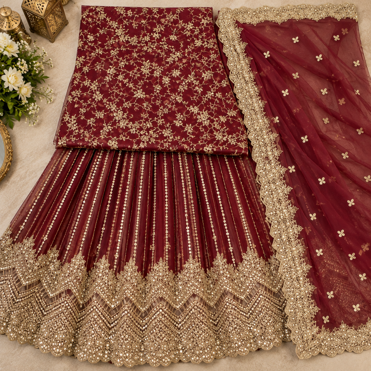 Maroon Luxury Embroidered Lehenga 3-Piece Unstitched Suit