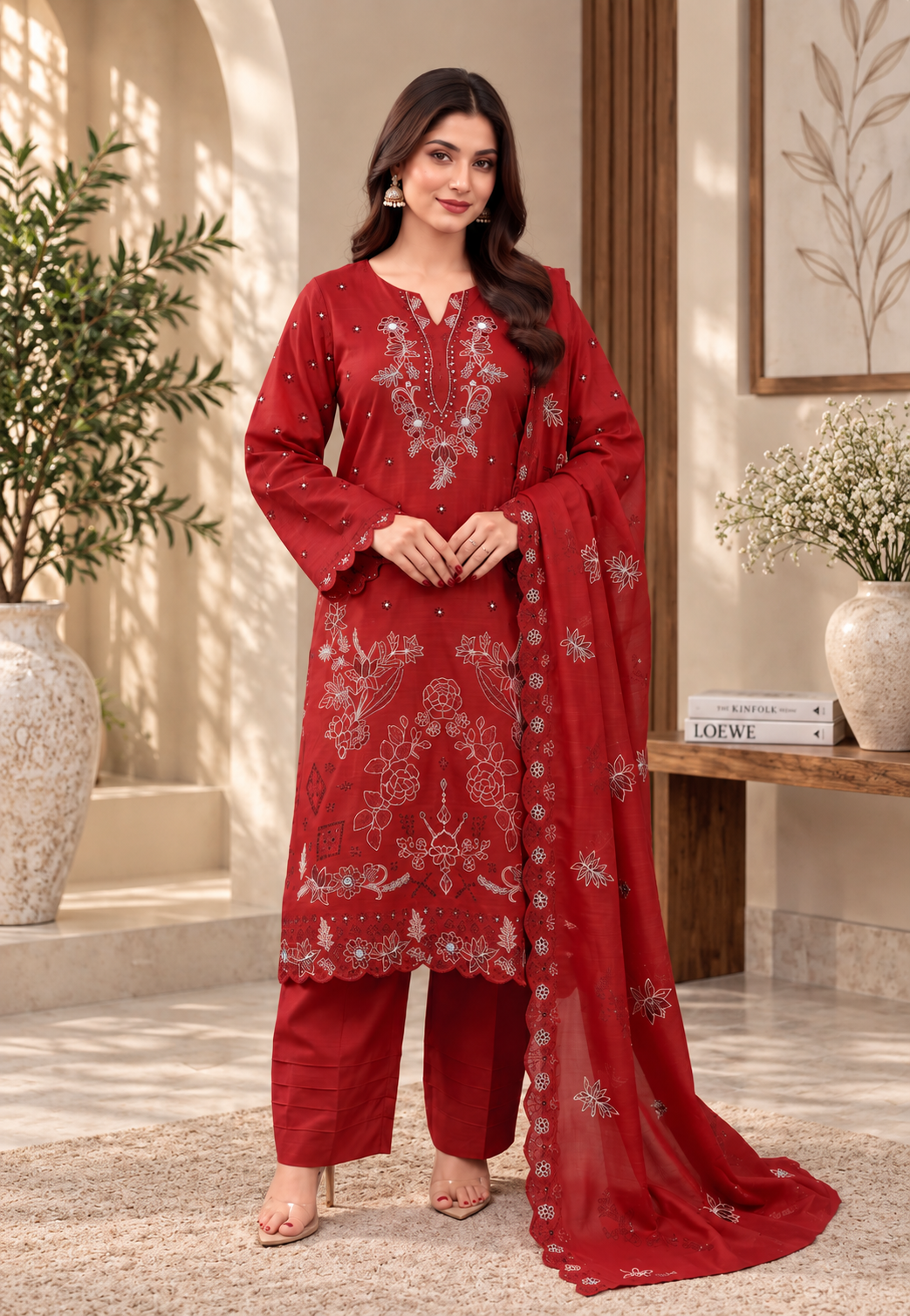 Premium Viscose Embroidered 3-Piece Suit with Bamber Dupatta & Shawl – D-1806