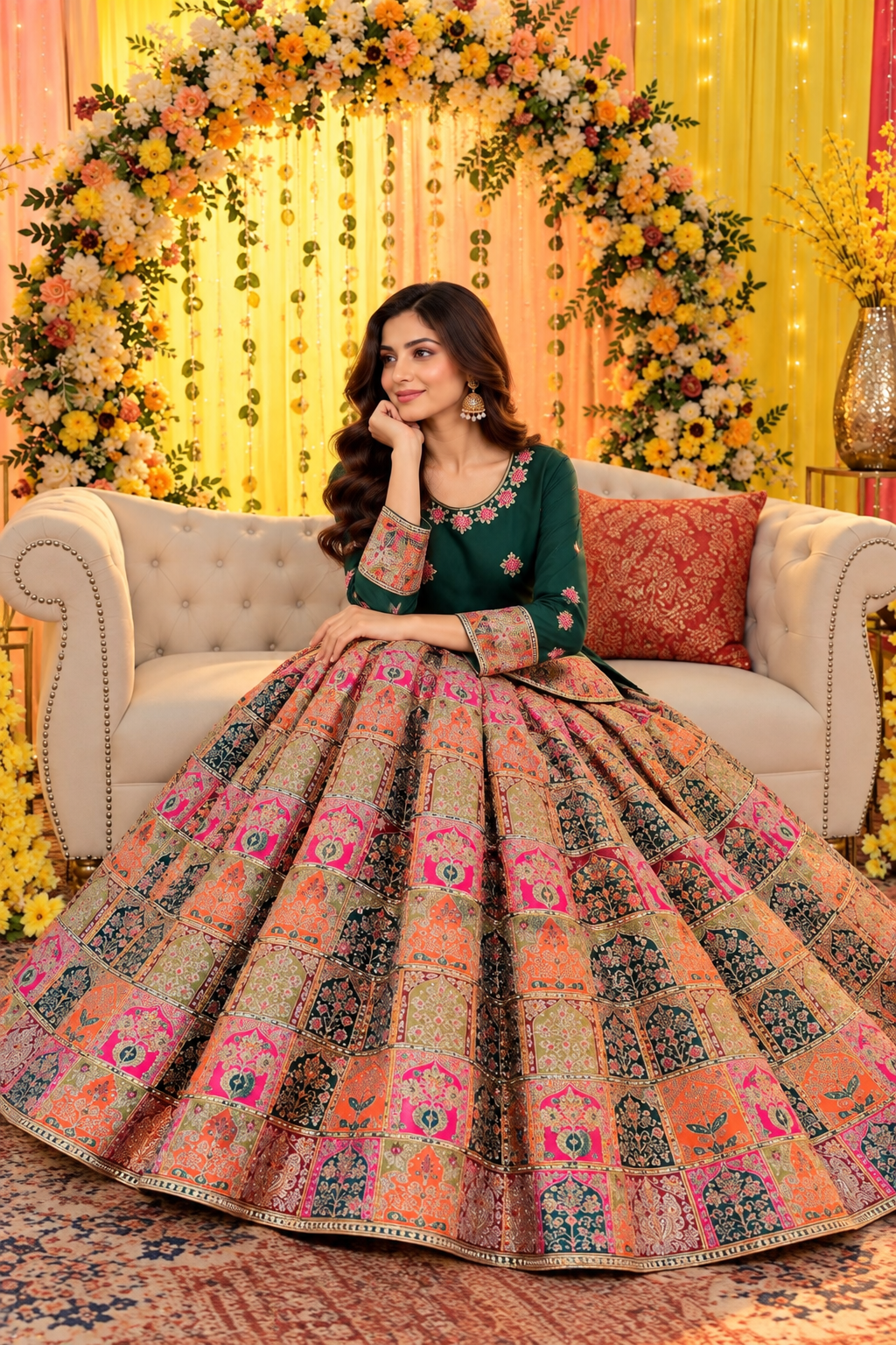 Emerald green embroidered short shirt with multicolor lehenga by Ruhaan Fabric - view 2