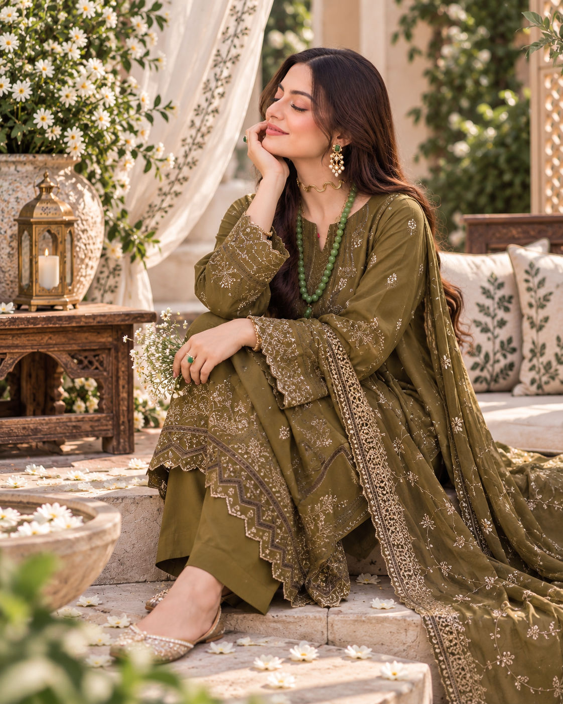 Olive Green Embroidered 3-Piece Suit Viscose | Bamber Dupatta & Palazzo D-1803