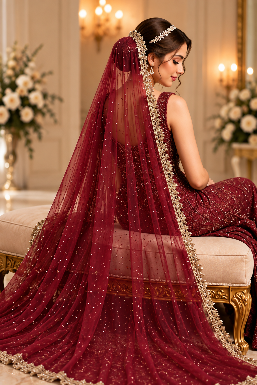 Luxury Burgundy Bridal Gown with Embellished Long Veil | Premium Wedding Collection