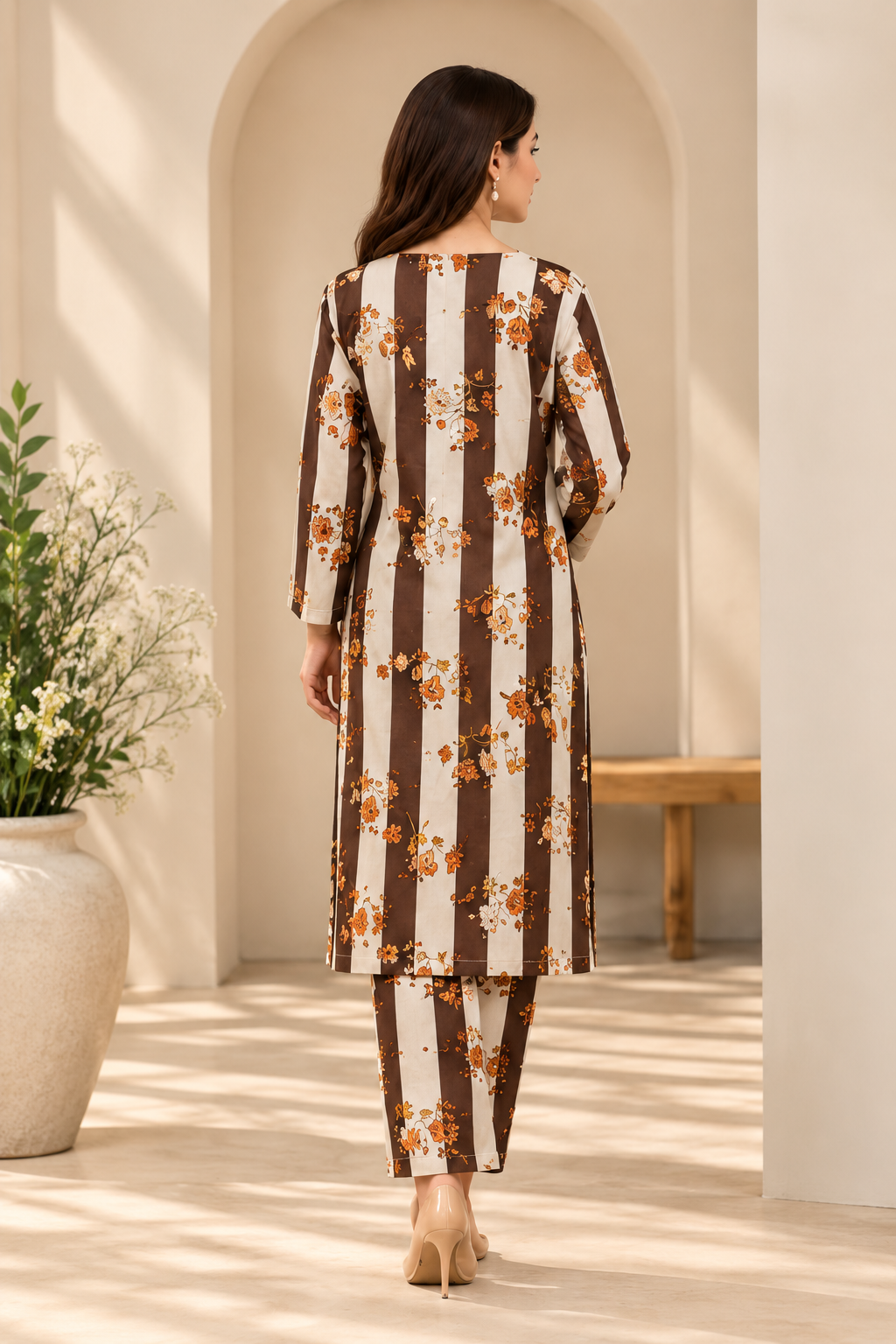 Brown Floral Striped 2-Piece Linen unstitched Suit |5Meter | D-1104
