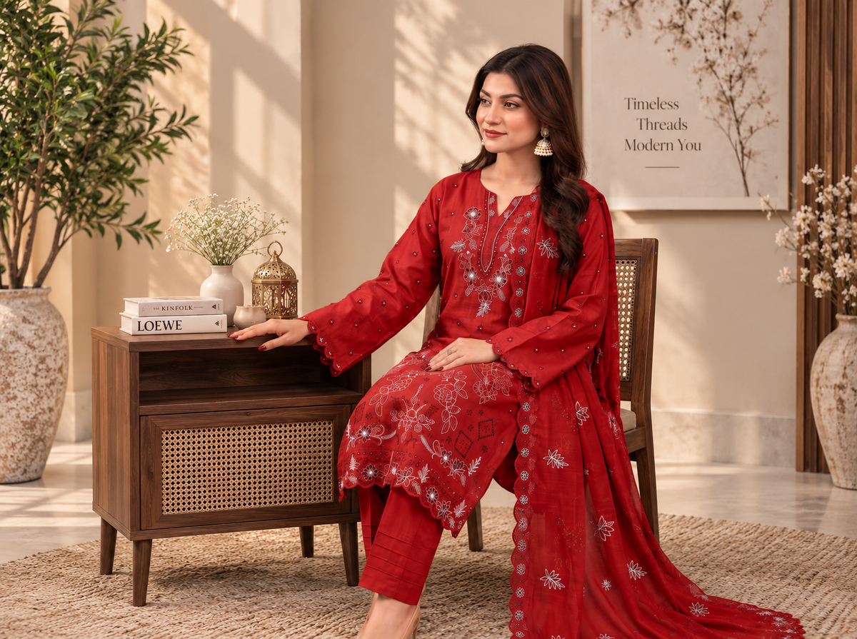 Premium Viscose Embroidered 3-Piece Suit with Bamber Dupatta & Shawl – D-1806