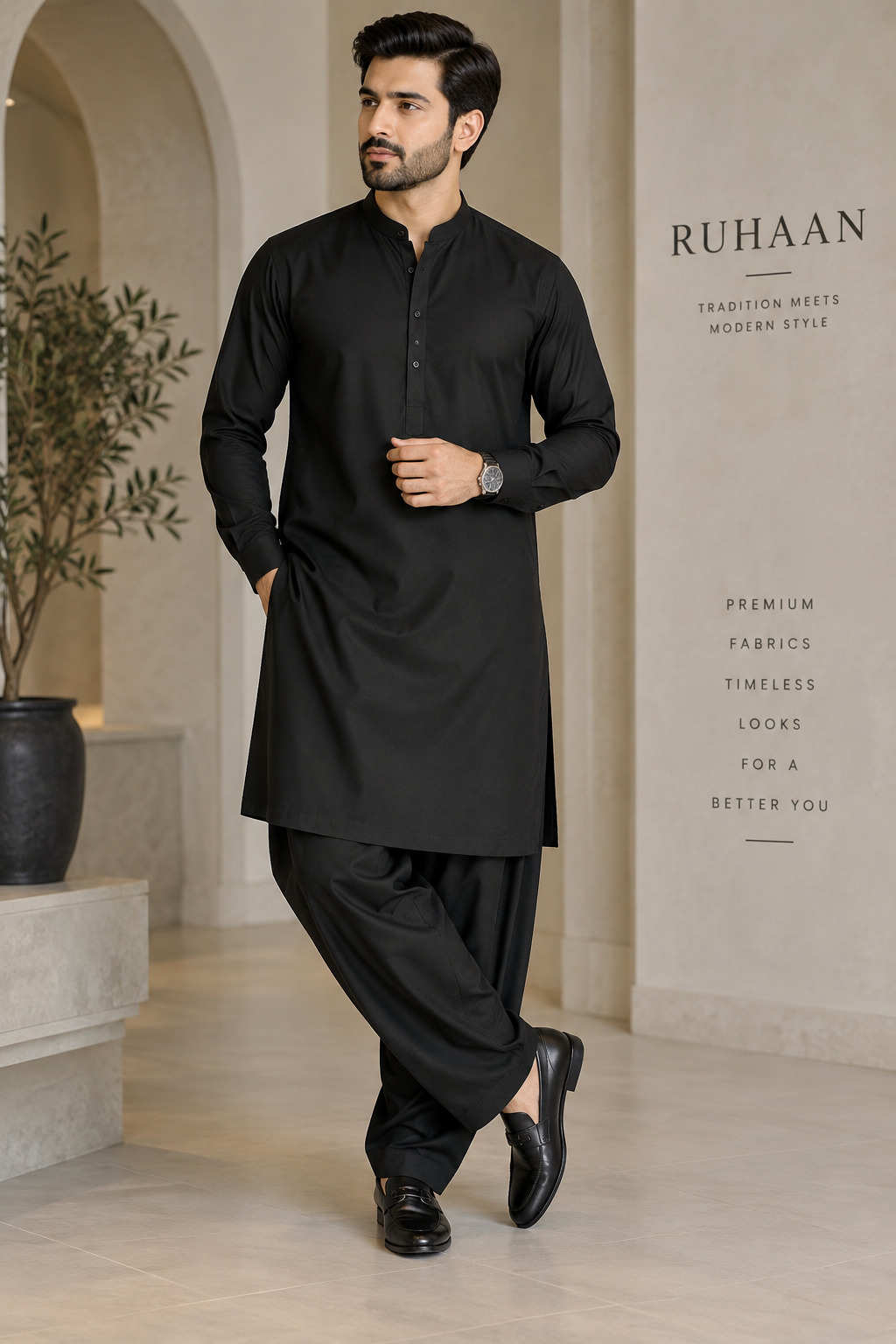 Premium Black Wash & Wear Kurta Shalwar – Classic Black D-5002