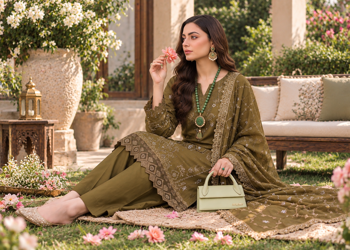 Olive Green Embroidered 3-Piece Suit Viscose | Bamber Dupatta & Palazzo D-1803