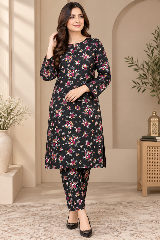 Premium Printed Linen 2-Piece Unstitched Suit – All-Over Floral Print D-1101