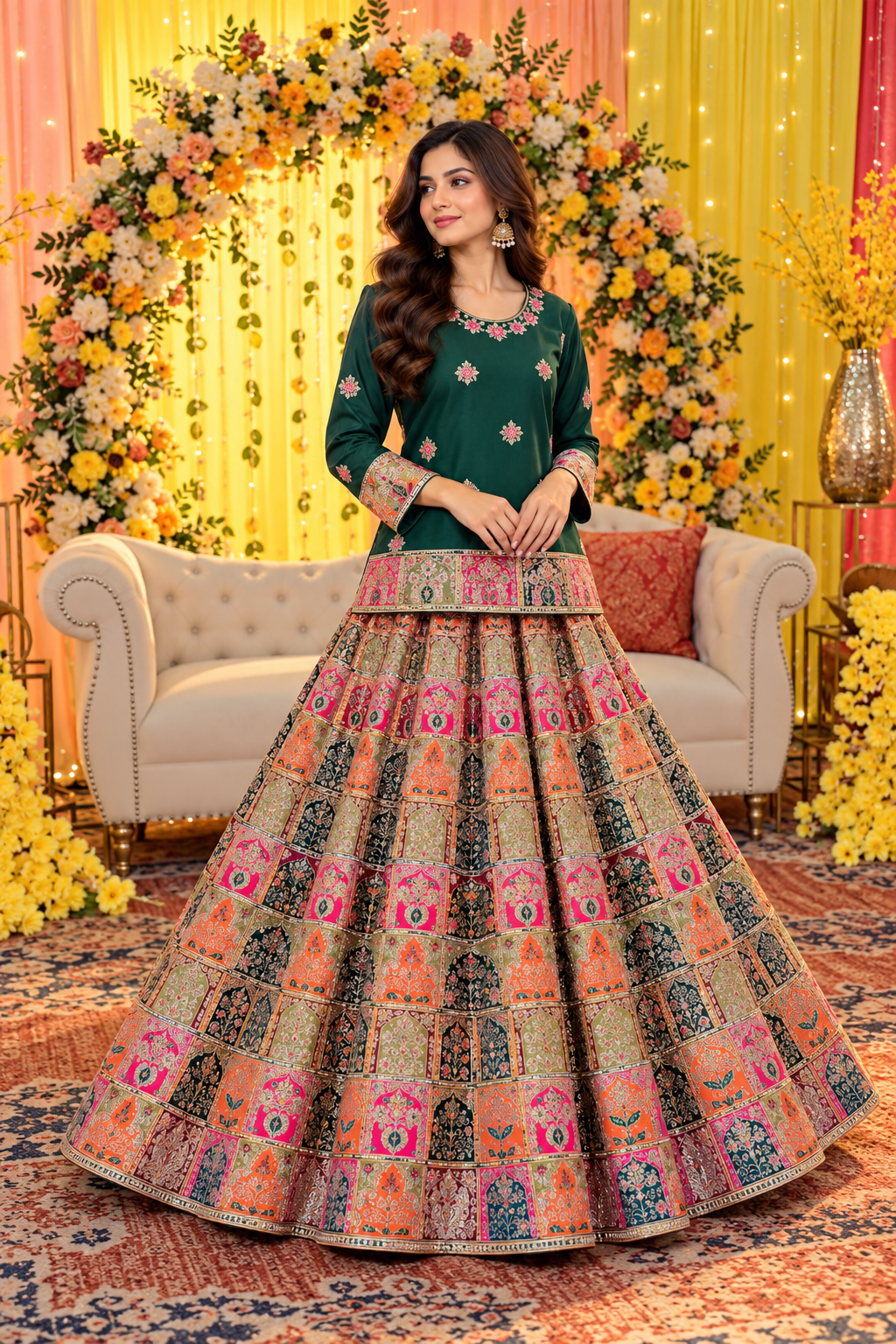 Emerald green embroidered short shirt with multicolor lehenga by Ruhaan Fabric