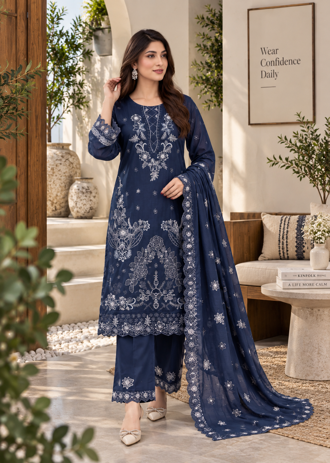 Premium Viscose Embroidered 3-Piece Suit with Bamber Dupatta & Shawl – D-1808