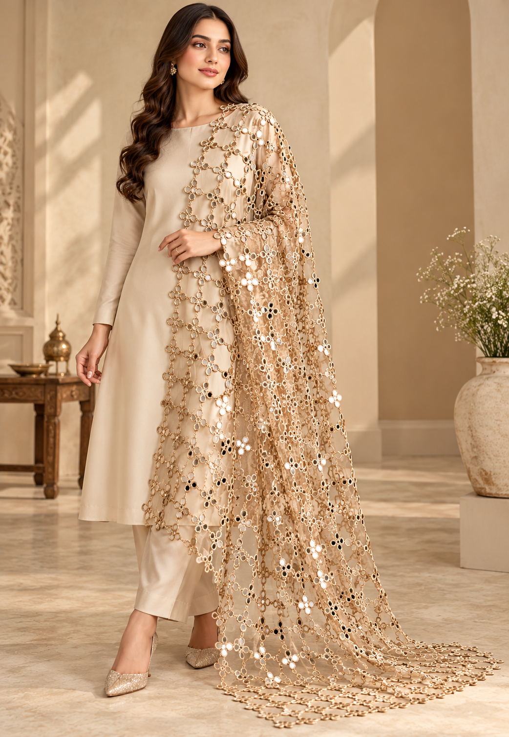 Premium Champagne Gold Embroidered Lace | Luxury Party Wear Dupatta