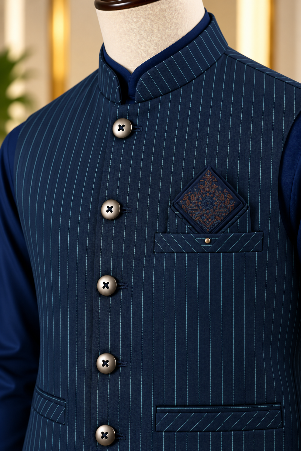 Virsa by Ruhaan Fabric blue men's suit with waistcoat - view 2