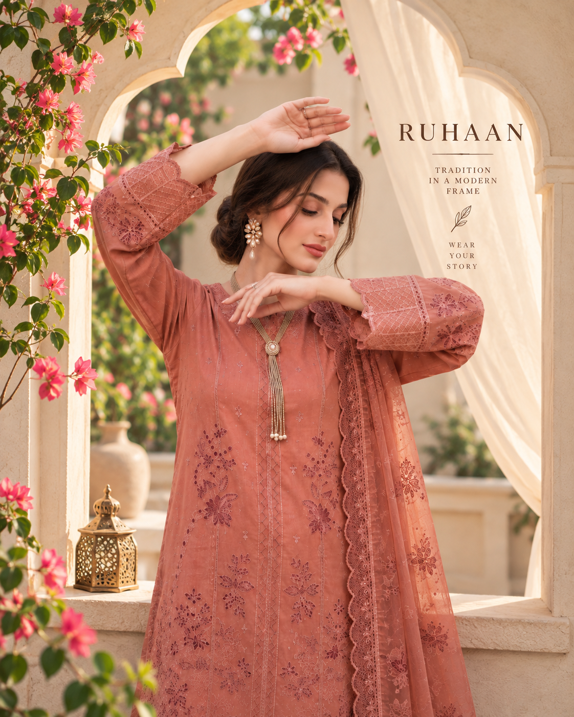 Coral Rose Embroidered 3-Piece Suit Viscose | Bamber Dupatta & Palazzo D-1804