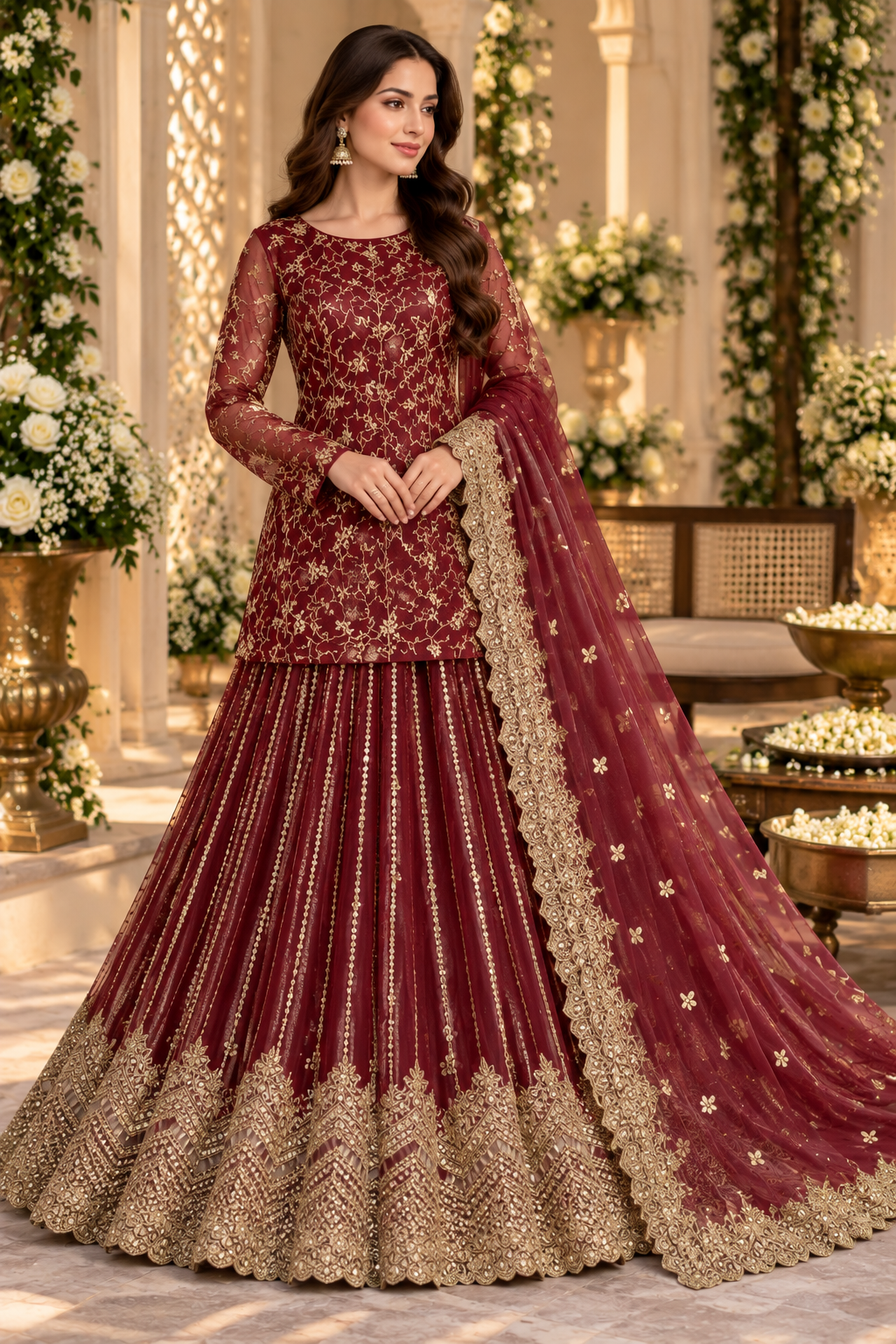 Maroon Luxury Embroidered Lehenga 3-Piece Unstitched Suit