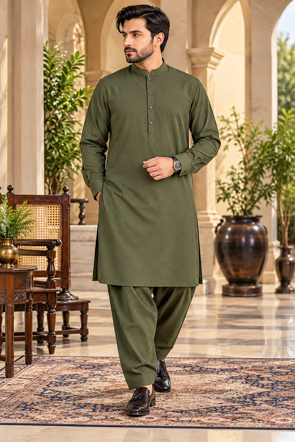 Olive green plain men's shalwar kameez by Ruhaan Fabric