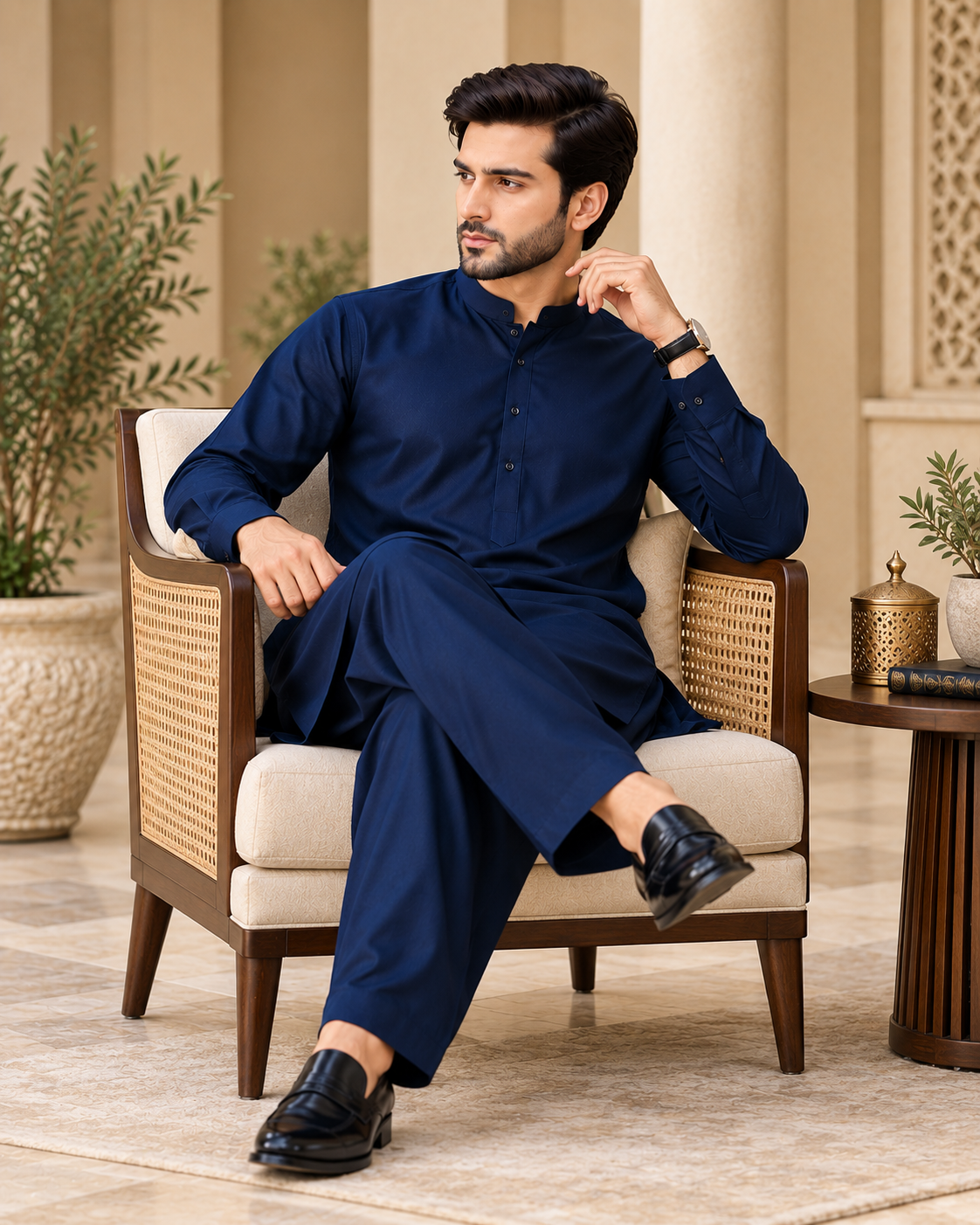 Premium Navy Blue Hard Cotton Fabric – Men's Unstitched Suit