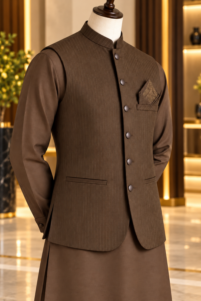 Virsa by Ruhaan Fabric chocolate brown men's suit with waistcoat