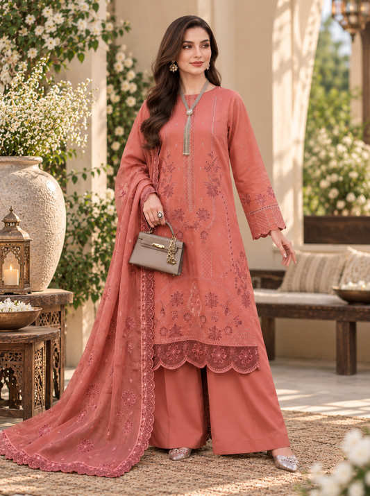 Coral Rose Embroidered 3-Piece Suit Viscose | Bamber Dupatta & Palazzo D-1804