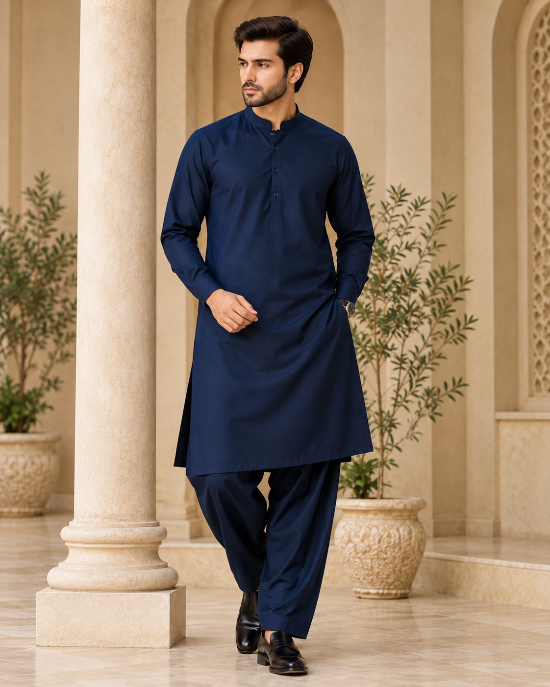 Premium Navy Blue Hard Cotton Fabric – Men's Unstitched Suit